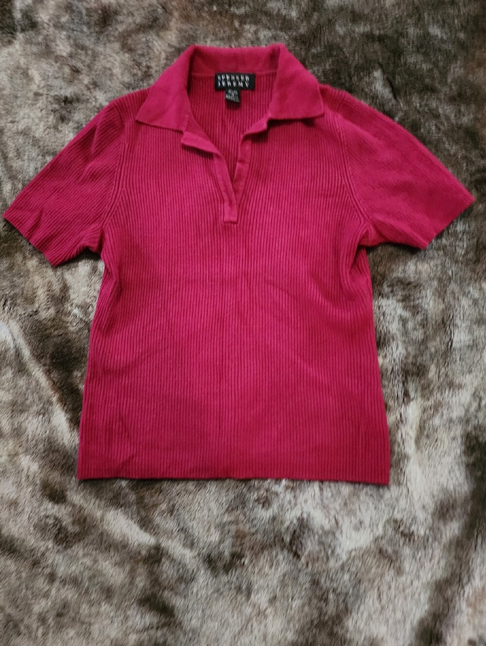 Vintage Spenser Jeremy Silk Blend Ribbed Knit Polo Top - Magenta Red - M